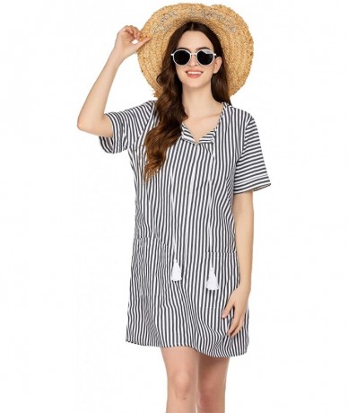 Cover-Ups Womens Beach Cover Ups Shirt with Pockets Striped Beachwear Swimsuit Coverup Tassel Neck Tie Bikini Beach Dress Bla...