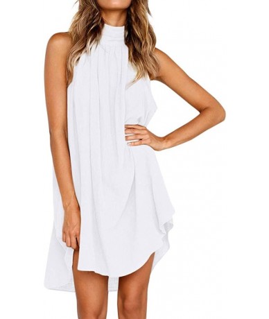 Cover-Ups Ladies Solid Color Sleeveless Dress High Neck Pleated Loose Sundress Summer Beach Dresses - White - CZ18XS508E5 $29.79