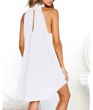 Cover-Ups Ladies Solid Color Sleeveless Dress High Neck Pleated Loose Sundress Summer Beach Dresses - White - CZ18XS508E5 $29.79