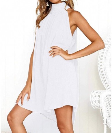 Cover-Ups Ladies Solid Color Sleeveless Dress High Neck Pleated Loose Sundress Summer Beach Dresses - White - CZ18XS508E5 $29.79