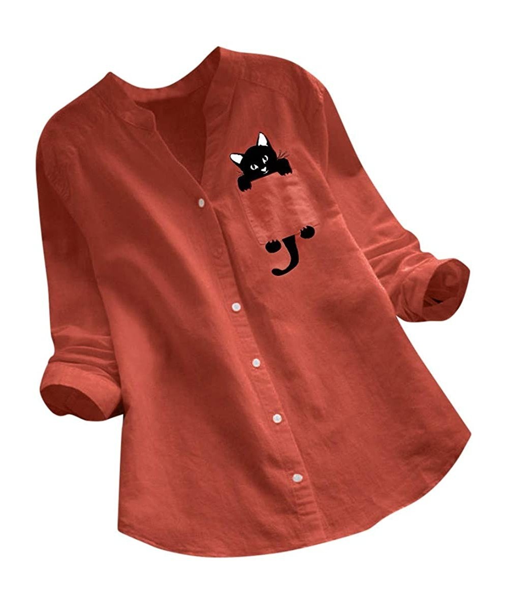 Racing Women Cotton Linen Casual Loose Button Down Shirt Cat Print Long Sleeve Basic Blouse Henley Tops Tunic Tees Orange - C...