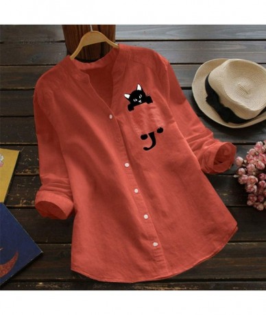 Racing Women Cotton Linen Casual Loose Button Down Shirt Cat Print Long Sleeve Basic Blouse Henley Tops Tunic Tees Orange - C...