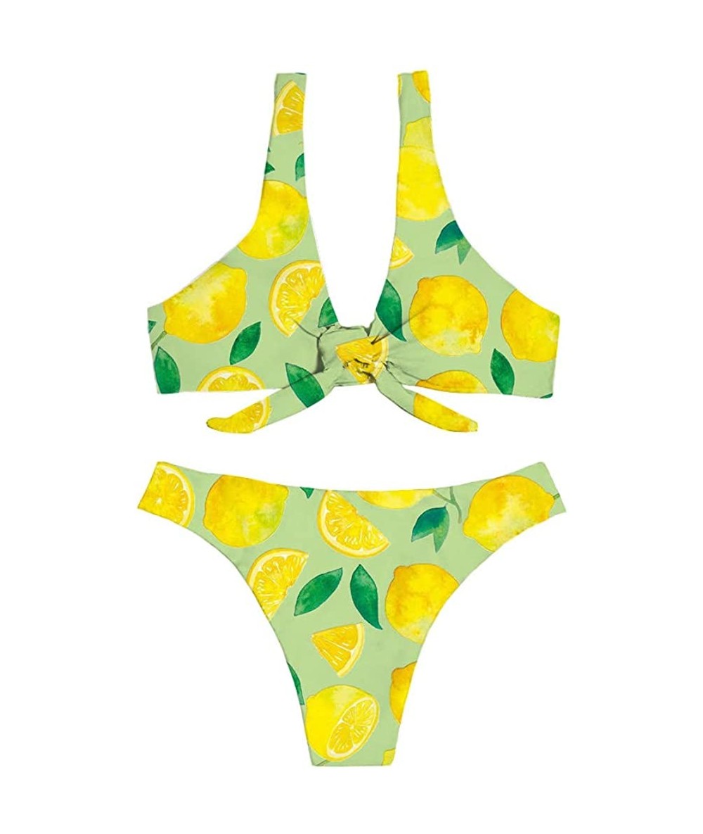 Sets Women's Bikini Swimsuit Fruit Floral Print Hawaiian Two Piece Bathing Suit Swimwear - Lemon - CA19723LRDD $39.38