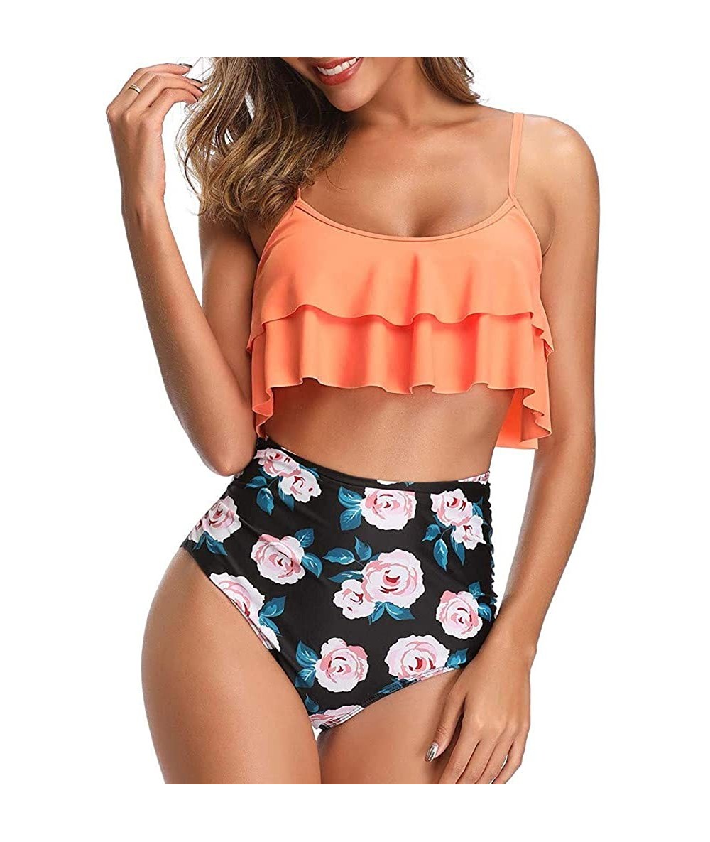 Bottoms Store Women Two Piece Bikini Set Print Hight Waist Bandage Push-Up Swimwear Beachwear Swimsuit - A-pink - CY194GTUSXA...