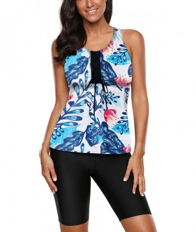 Tankinis Womens Racerback Color Block Print Tankini Swimsuits with Swim Capris S-XXXL - Zz Blue - CO196T4NY8L $48.43