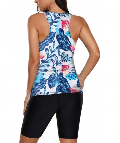 Tankinis Womens Racerback Color Block Print Tankini Swimsuits with Swim Capris S-XXXL - Zz Blue - CO196T4NY8L $48.43