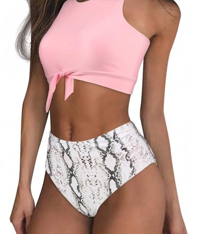 Sets Women Knot Tankini Set Ruched High Waist 2 Piece Cute Swimsuits - 35 Pink Snake Print - CZ18W0LT0N0 $49.86