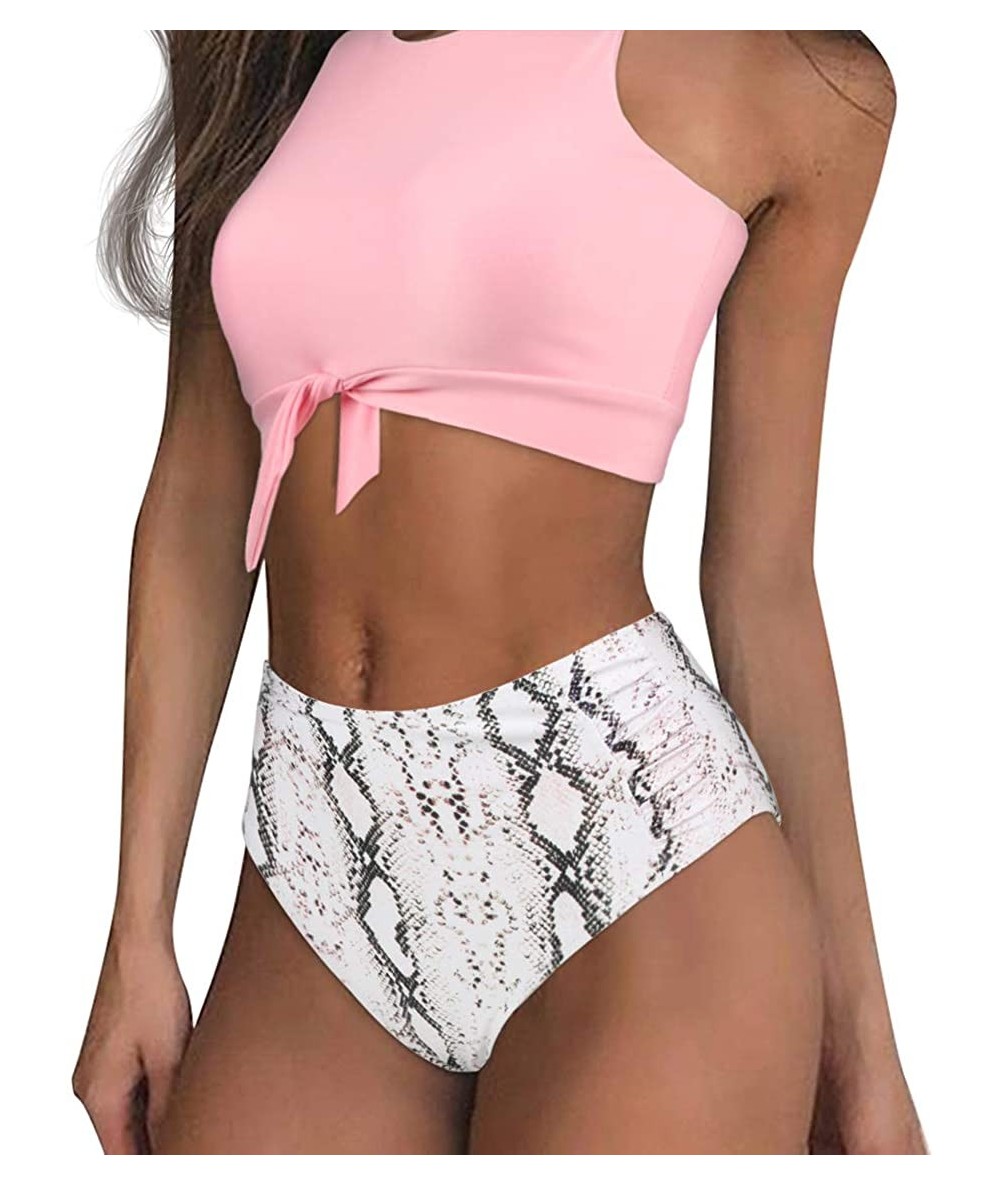 Sets Women Knot Tankini Set Ruched High Waist 2 Piece Cute Swimsuits - 35 Pink Snake Print - CZ18W0LT0N0 $49.86