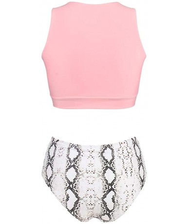 Sets Women Knot Tankini Set Ruched High Waist 2 Piece Cute Swimsuits - 35 Pink Snake Print - CZ18W0LT0N0 $49.86