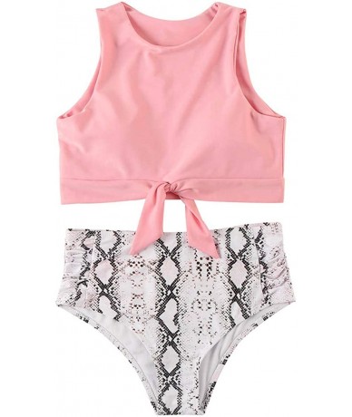 Sets Women Knot Tankini Set Ruched High Waist 2 Piece Cute Swimsuits - 35 Pink Snake Print - CZ18W0LT0N0 $49.86