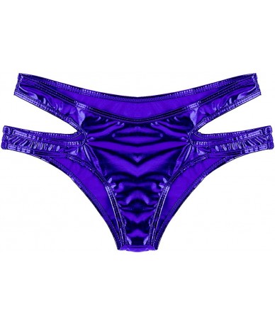 Bottoms Women's Wet Look Liquid Hollow Out Bikini Bottoms Side Straps Mini Briefs Booty Shorts - Navy Blue - C118L8INH99 $28.99