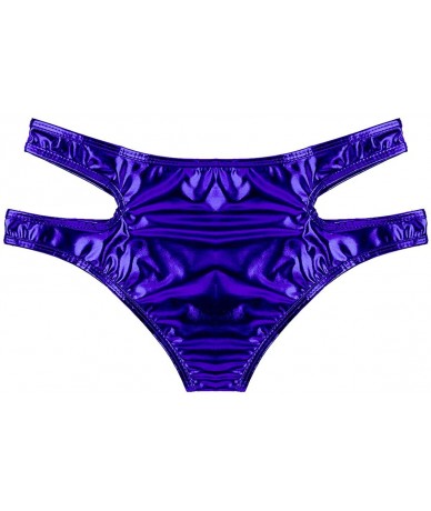 Bottoms Women's Wet Look Liquid Hollow Out Bikini Bottoms Side Straps Mini Briefs Booty Shorts - Navy Blue - C118L8INH99 $28.99