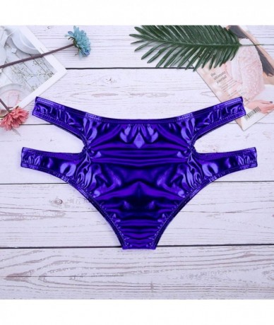 Bottoms Women's Wet Look Liquid Hollow Out Bikini Bottoms Side Straps Mini Briefs Booty Shorts - Navy Blue - C118L8INH99 $28.99