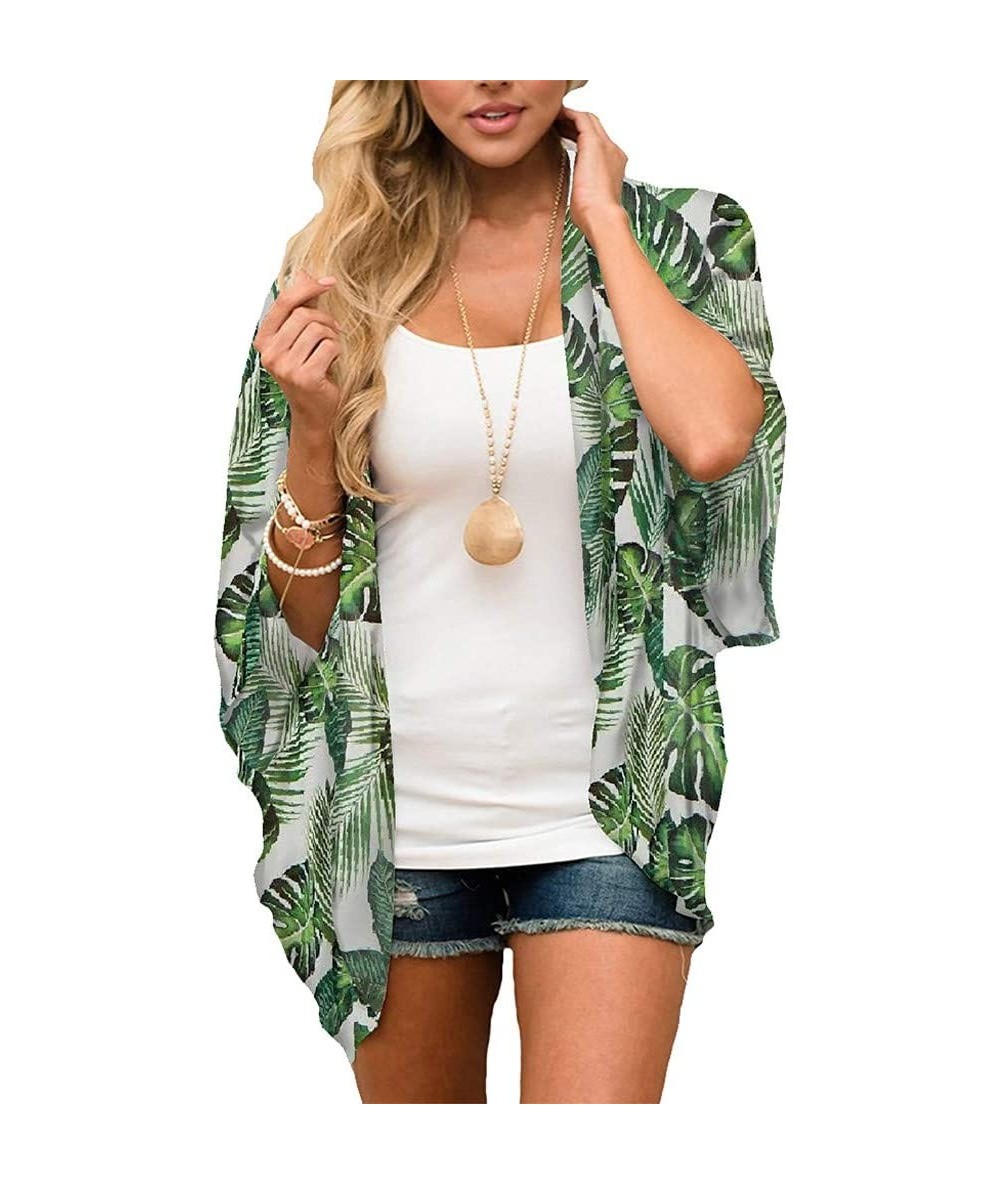 Cover-Ups Women Chiffon Print Kimono Cardigan Tropical Leaves Half Sleeve Shawl Swimsuit Cover Ups - Green - CS18TXD43WQ $21.03