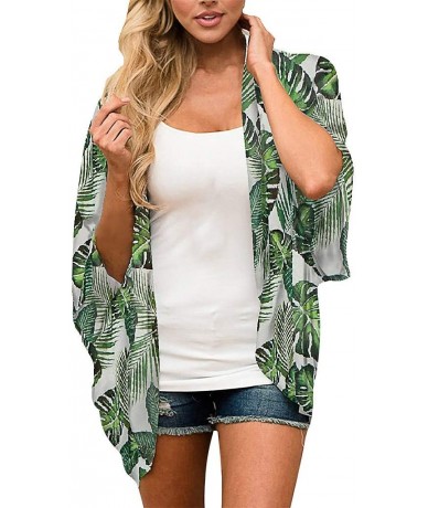 Cover-Ups Women Chiffon Print Kimono Cardigan Tropical Leaves Half Sleeve Shawl Swimsuit Cover Ups - Green - CS18TXD43WQ $21.03