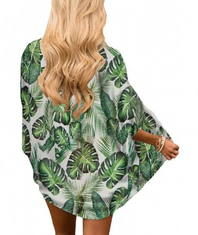 Cover-Ups Women Chiffon Print Kimono Cardigan Tropical Leaves Half Sleeve Shawl Swimsuit Cover Ups - Green - CS18TXD43WQ $21.03