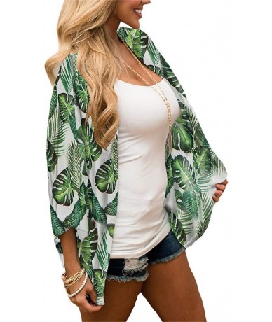 Cover-Ups Women Chiffon Print Kimono Cardigan Tropical Leaves Half Sleeve Shawl Swimsuit Cover Ups - Green - CS18TXD43WQ $21.03