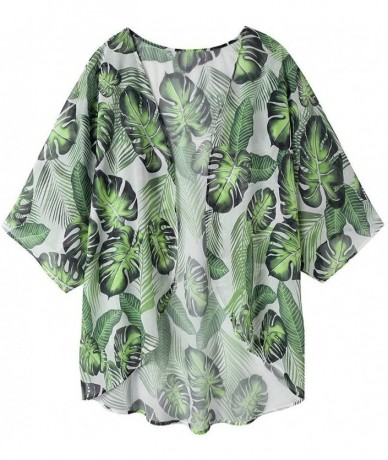 Cover-Ups Women Chiffon Print Kimono Cardigan Tropical Leaves Half Sleeve Shawl Swimsuit Cover Ups - Green - CS18TXD43WQ $21.03