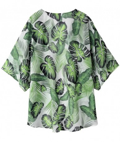 Cover-Ups Women Chiffon Print Kimono Cardigan Tropical Leaves Half Sleeve Shawl Swimsuit Cover Ups - Green - CS18TXD43WQ $21.03