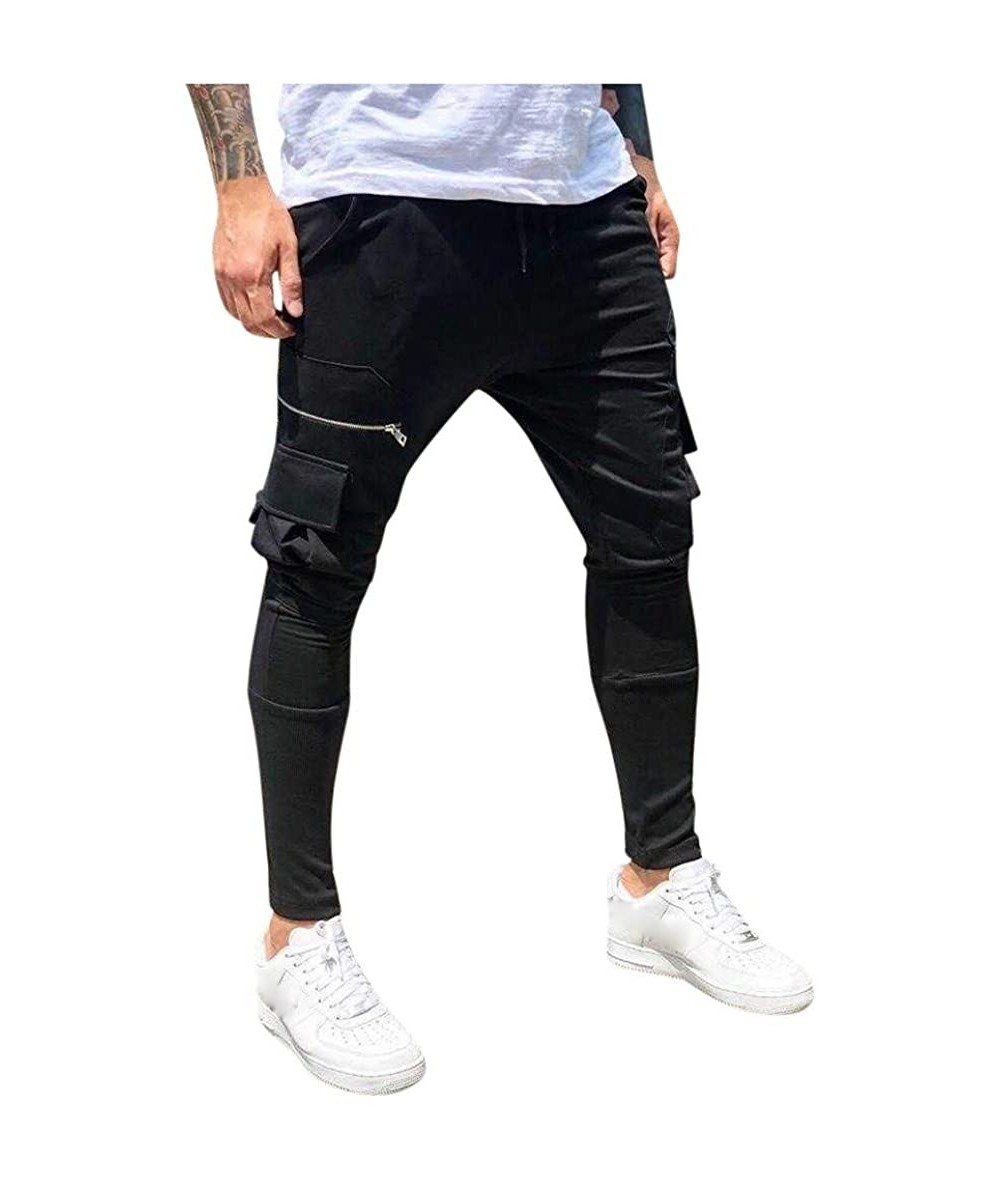 Board Shorts Joggers for Men 2019 New Slim Fit Cargo Pants Casual Workout Skinny Sweatpants with Zip Pockets - Black - C3192A...