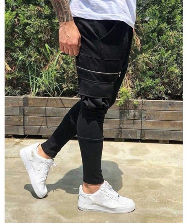 Board Shorts Joggers for Men 2019 New Slim Fit Cargo Pants Casual Workout Skinny Sweatpants with Zip Pockets - Black - C3192A...