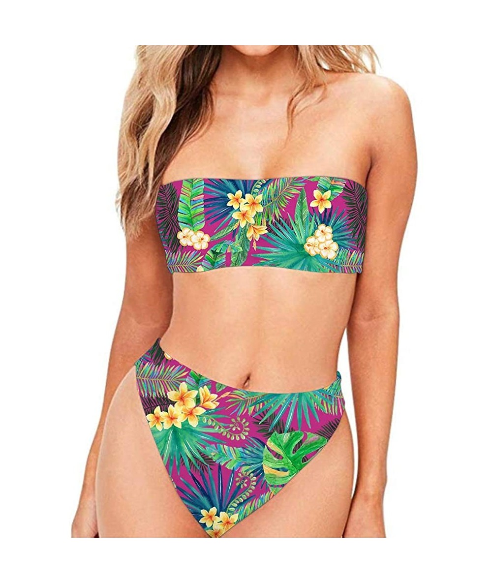 Sets Women Two Pieces High Cut Bandeau Strapless Swimsuits Bikini Set Print Bathing Suits - Tropcial Plants - C218S9T2SZS $57.91