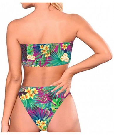 Sets Women Two Pieces High Cut Bandeau Strapless Swimsuits Bikini Set Print Bathing Suits - Tropcial Plants - C218S9T2SZS $57.91