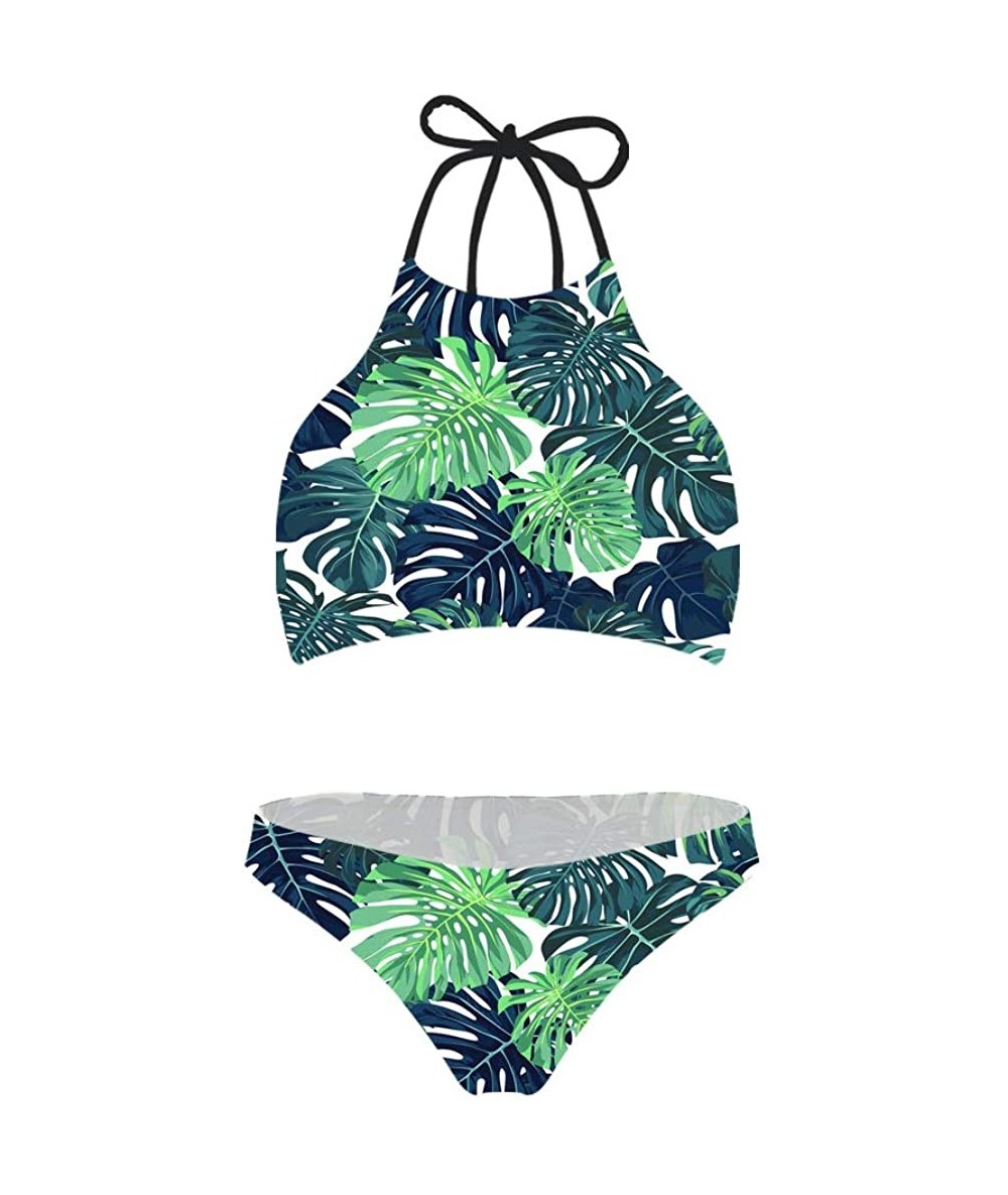 Sets High Neck Halter Bikini Women's Swimwear 2 Piece Set Beachwear Hawaiian Style - Palm Leaf - CT18QEC2LO5 $40.70