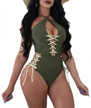 One-Pieces Womens Sexy Lace Up One Piece Bikini Criss Cross Halter Neck Monokini Side Tie Bathing Suit Swimwear - Green - C01...