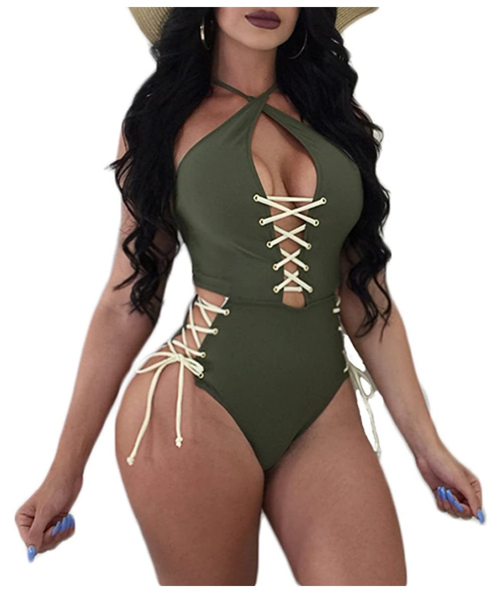 One-Pieces Womens Sexy Lace Up One Piece Bikini Criss Cross Halter Neck Monokini Side Tie Bathing Suit Swimwear - Green - C01...