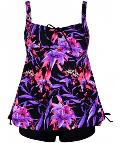 Tankinis Women's Plus Size Swimwear Floral Tankini Set Drawtring Modest Two Piece Swimsuit - Purple&red Floral - CA18YS86OIR ...