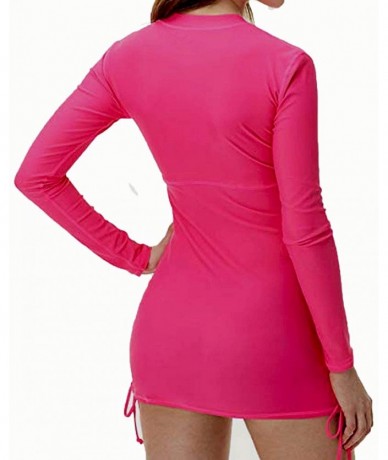 Rash Guards Women's UPF 50+ Sun Protection Long Sleeve Swimsuit Zip Top Guard Wetsuit Swimsuit - Rose Red - C1194OG5U2Q $37.37