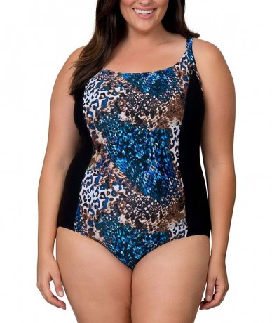 One-Pieces Panel Plus Size One Piece Swimsuit for Women with Tummy Control - Multi/Black - CK18AQDCMDM $67.50