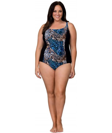 One-Pieces Panel Plus Size One Piece Swimsuit for Women with Tummy Control - Multi/Black - CK18AQDCMDM $67.50