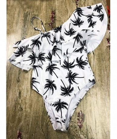 One-Pieces Women One Piece Print Swimwear Ruffle Padded One Shoulder Swimsuits - Coconut Tree - CC18R346OMC $35.96