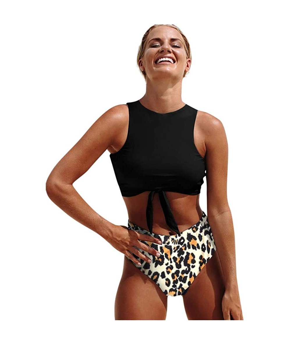 Racing Women's Retro Leopard Two Pieces Swimsuit Knot Front Bikini Crop Tops High Waist Bottom Bathing Suit Beachwear Black -...