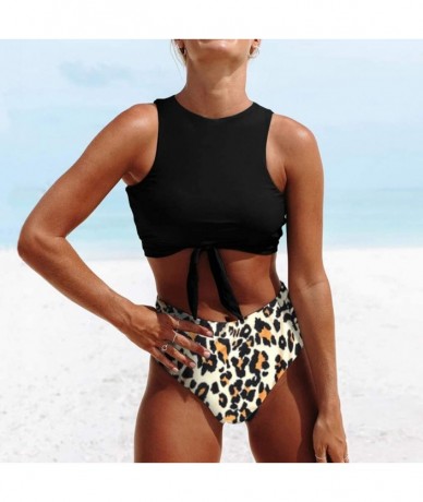 Racing Women's Retro Leopard Two Pieces Swimsuit Knot Front Bikini Crop Tops High Waist Bottom Bathing Suit Beachwear Black -...