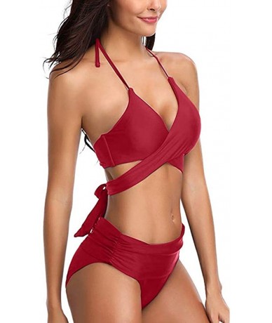 Sets Womens Summer Swimsuit Cross Halter Bandage Low Rise Bathing Suit Boho Hawaii Style 2PCS Bikini Set Swimwear 0312 Red - ...