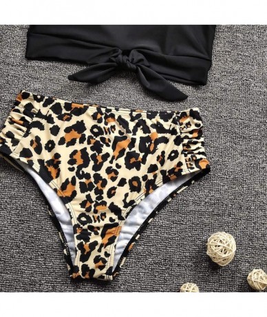 Racing Women's Retro Leopard Two Pieces Swimsuit Knot Front Bikini Crop Tops High Waist Bottom Bathing Suit Beachwear Black -...