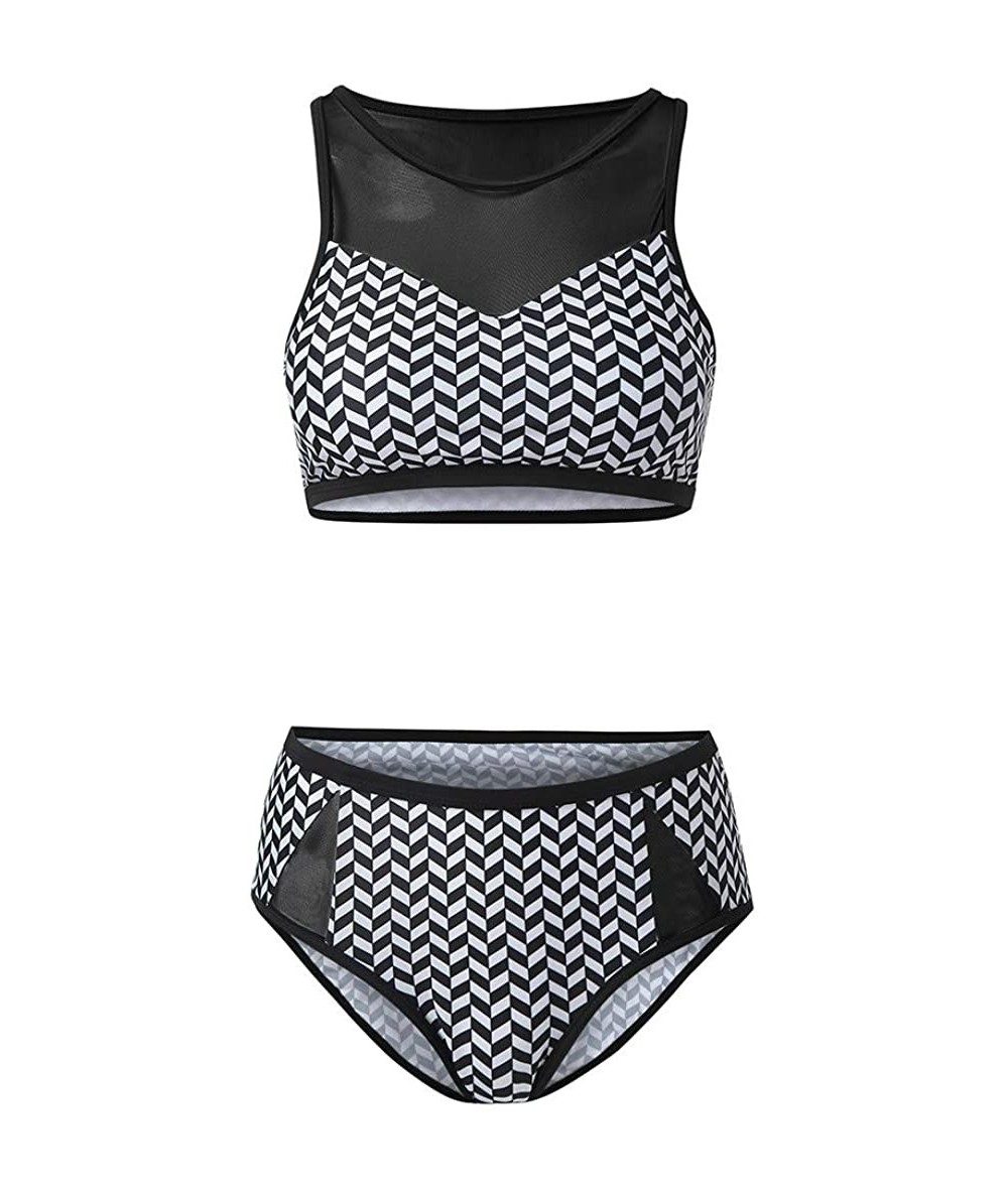 Racing Women Tankini Sets with Body Shorts- Plus Size Mesh Stitching High Waist Bikini Split Swimsuit - Black - CU1968H7S3T $...