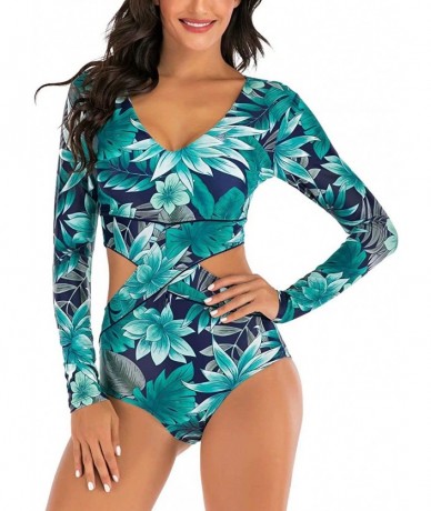 Cover-Ups Women's Athletic Swimsuit Long Sleeve Rash Guard Swimming Bathing Suit Swimwear - Green Floral - CZ1945XKILQ $48.48