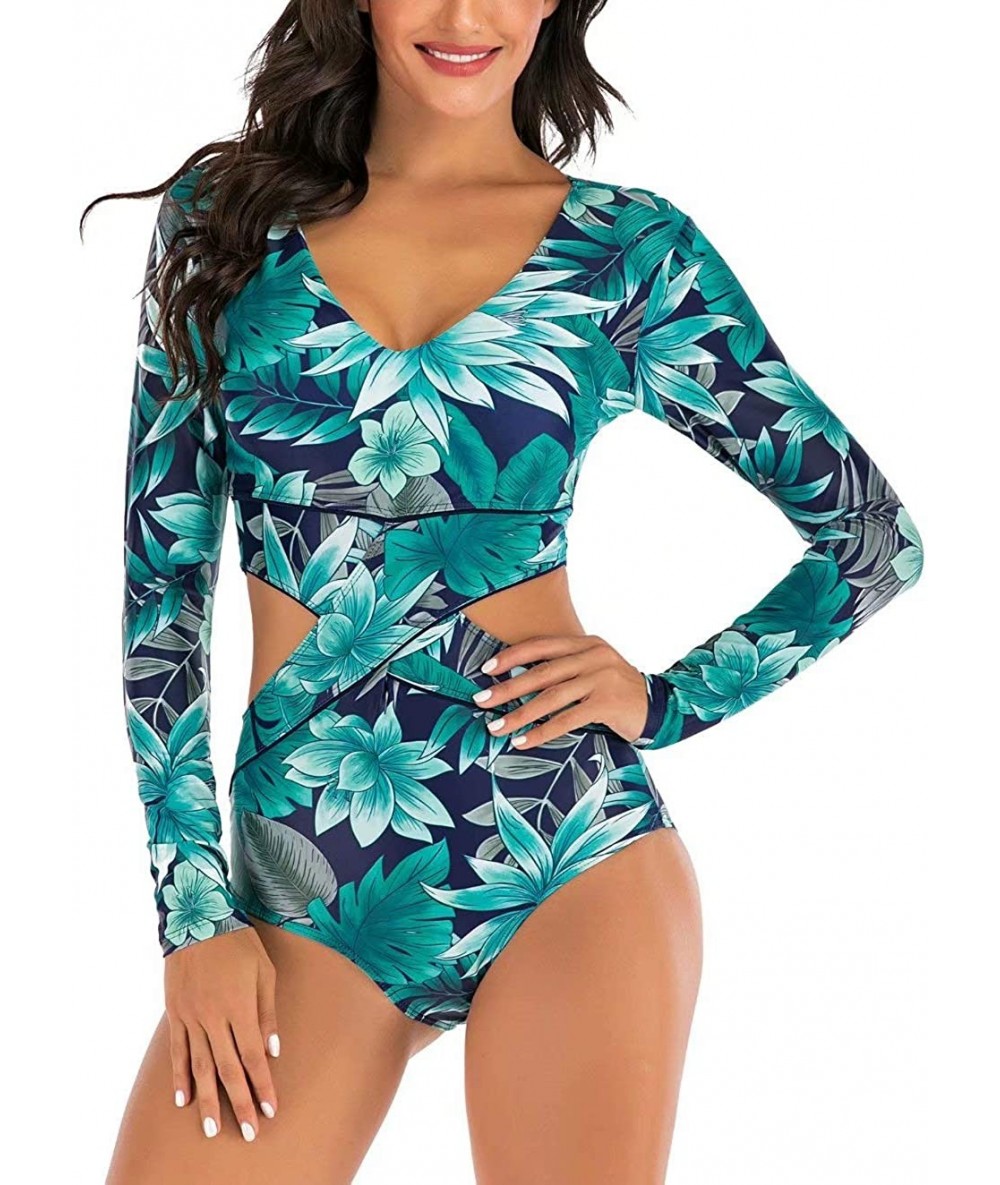 Cover-Ups Women's Athletic Swimsuit Long Sleeve Rash Guard Swimming Bathing Suit Swimwear - Green Floral - CZ1945XKILQ $48.48