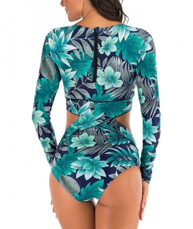 Cover-Ups Women's Athletic Swimsuit Long Sleeve Rash Guard Swimming Bathing Suit Swimwear - Green Floral - CZ1945XKILQ $48.48