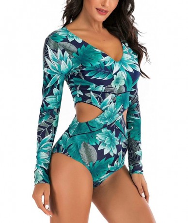 Cover-Ups Women's Athletic Swimsuit Long Sleeve Rash Guard Swimming Bathing Suit Swimwear - Green Floral - CZ1945XKILQ $48.48