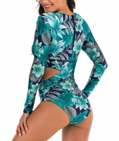 Cover-Ups Women's Athletic Swimsuit Long Sleeve Rash Guard Swimming Bathing Suit Swimwear - Green Floral - CZ1945XKILQ $48.48