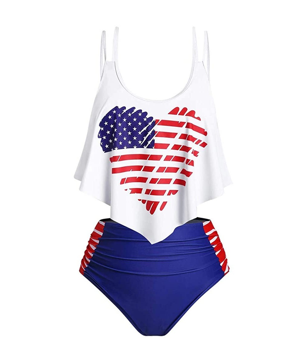 Sets Women's American Flag Print Crisscross Back Boyshort Two Piece Swimsuit-Slimming Tummy Control Swimdress Swimwear - B1 N...