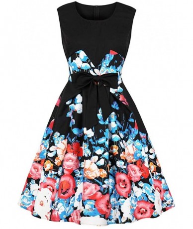 Board Shorts 2019 Women Sleeveless Floral Print Bowknot Evening Party Dress Swing Dress - Blue - CU18RYZ5SKD $42.61