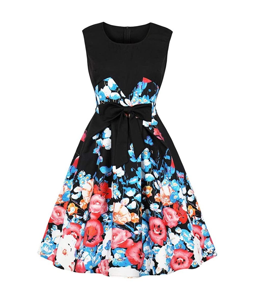 Board Shorts 2019 Women Sleeveless Floral Print Bowknot Evening Party Dress Swing Dress - Blue - CU18RYZ5SKD $42.61